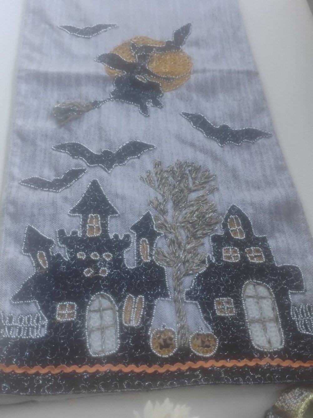 Halloween Haunted House Bats & Full Moon Embroidered Decorative Table Runner
